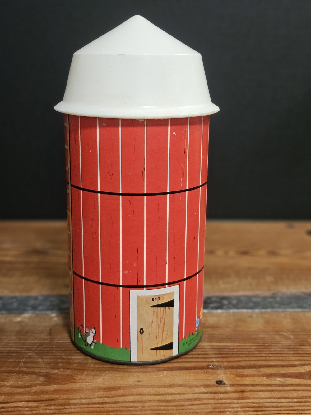 Vintage FP Red Barn Tin Canister with White Lid